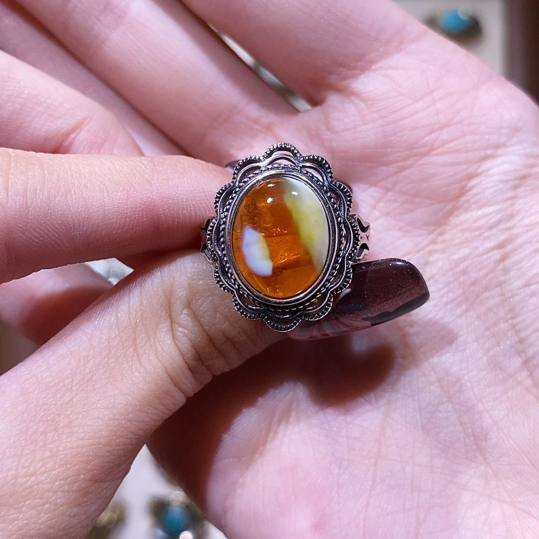 琥珀戒指银S925镶嵌m*啦戒指