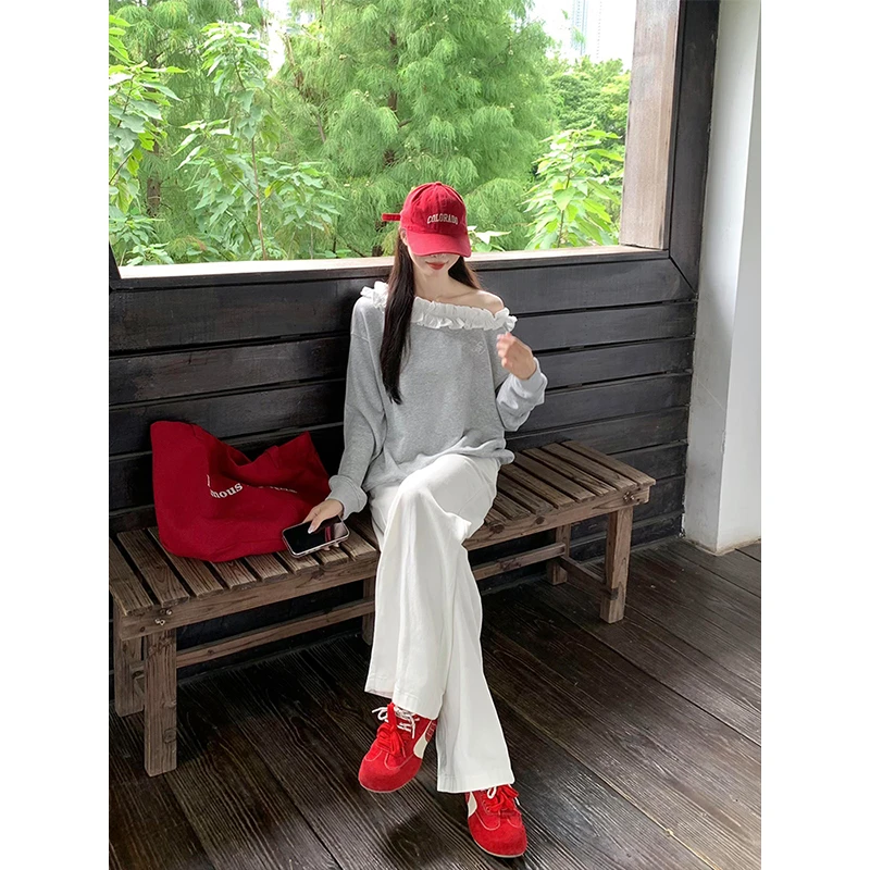 秋季新款花边拼接设计感灰色卫衣女+美式垂坠白色阔腿裤两件套装