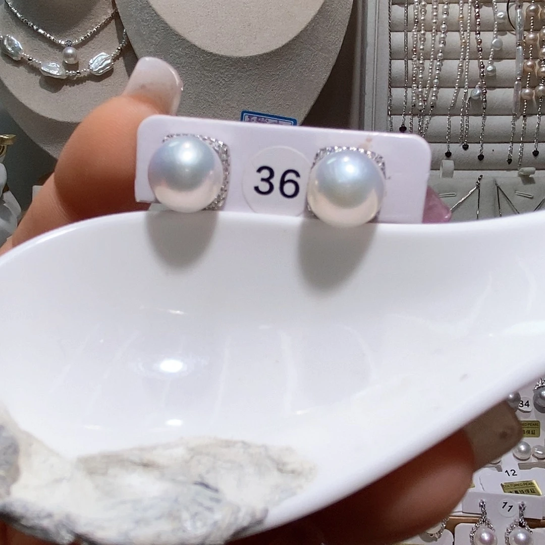 银S925镶嵌耳饰淡水珍珠极光琉璃耳钉