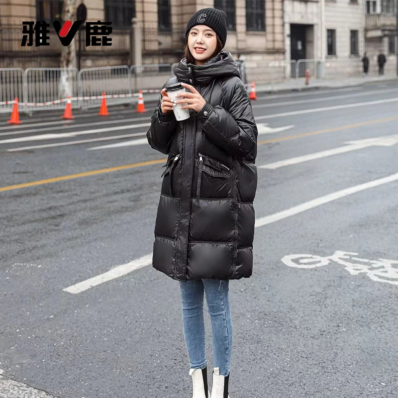 防寒秋冬季保暖加厚女士时尚连帽气质款90白鸭绒中长款羽绒服