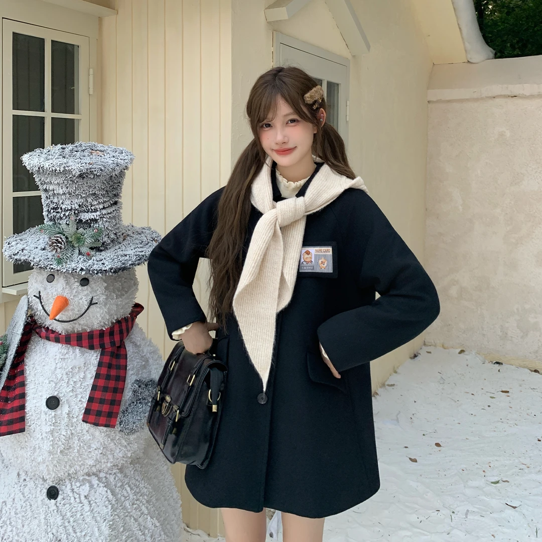 东京岁时记jk学院风小个子黑色大衣中长款秋冬白色围巾帽子外套