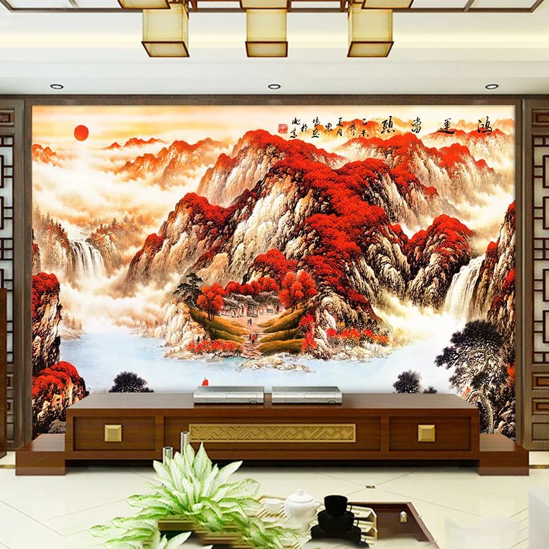 鸿运当头画电视背景墙壁画定制墙纸8d立体山水画壁纸客厅墙布