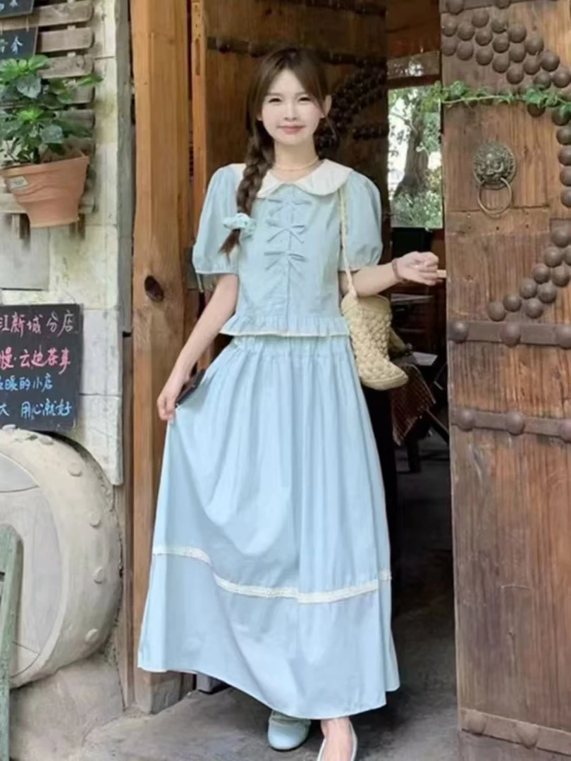 夏季甜美时尚穿搭娃娃领短袖蝴蝶结上衣+中长半身裙女减龄两件套