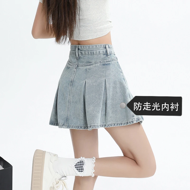 高腰复古牛仔百褶短裙夏季辣妹a字半裙防走光半身裙
