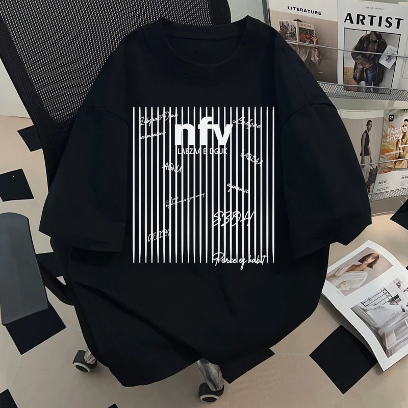 jtrt黑色竖条纹字母印花短袖男女高街潮牌休闲oversizeT恤上衣服