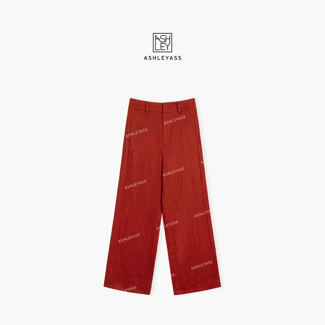 【ASHLEYASS】“维港套装裤”复古港风红宽松亚麻休闲裤LSK250524R