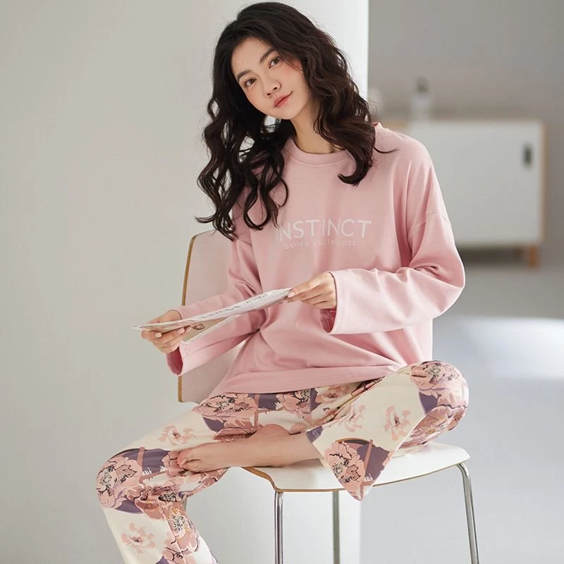 新款韩版女士套头100%双面纯棉睡衣家居服长袖长裤可外穿 3258