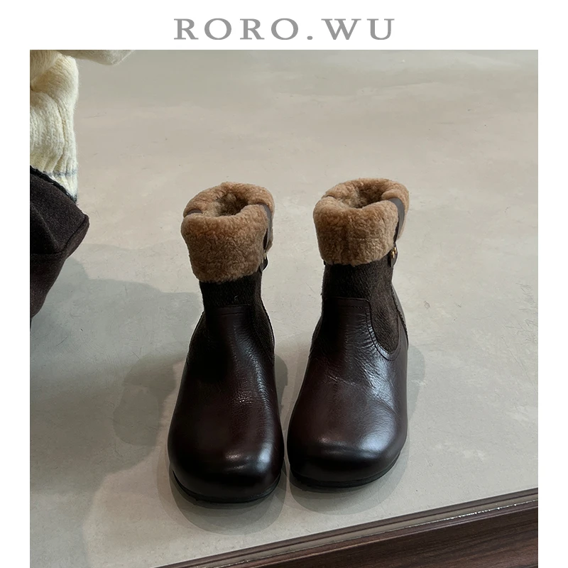 娆娆吴·油蜡牛皮休闲复古加绒保暖毛毛短靴冬季新款雪地靴女X20