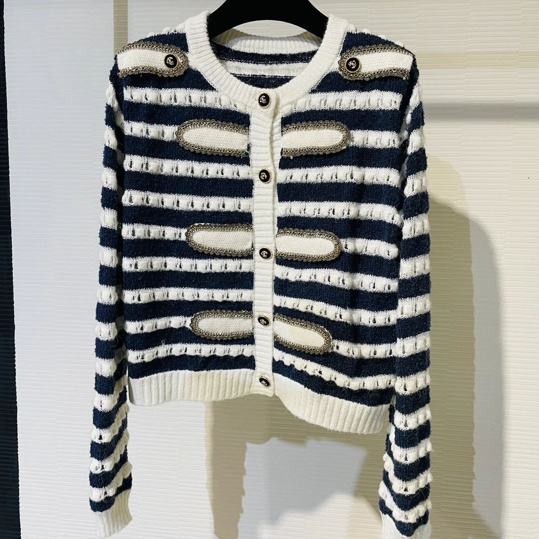 《猪猪出品》针织小香风气质长袖流浪设计师轻奢蓝白条纹圆领208