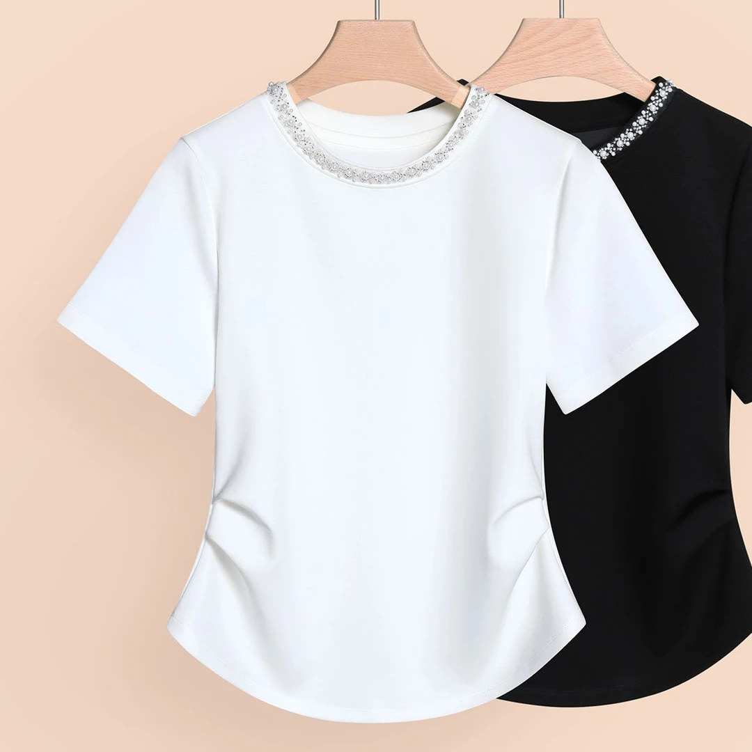2025年夏季新款通勤风百搭上衣显瘦设计感钉珠圆领弹力短袖T恤女