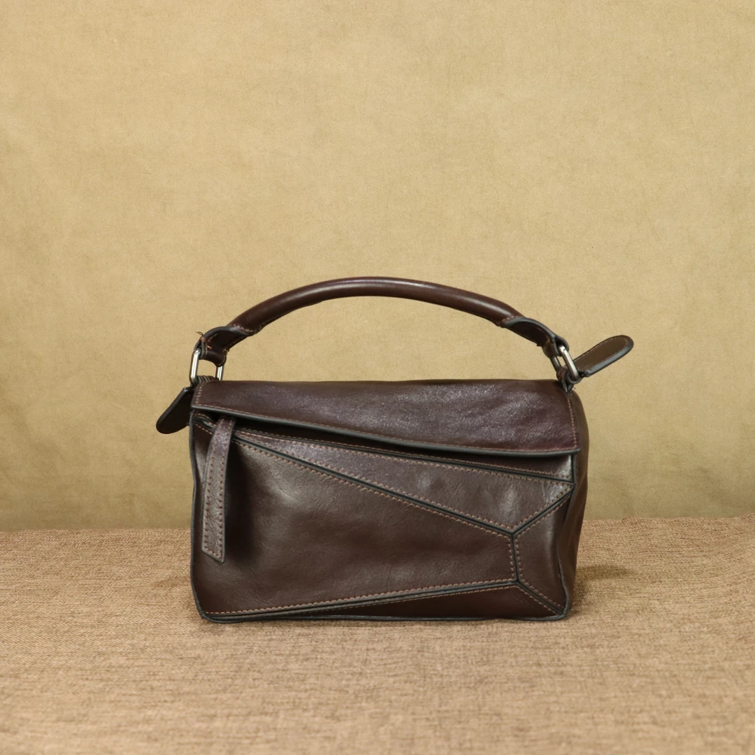 头层植鞣牛皮真皮女士时尚复古单肩斜挎几何包包