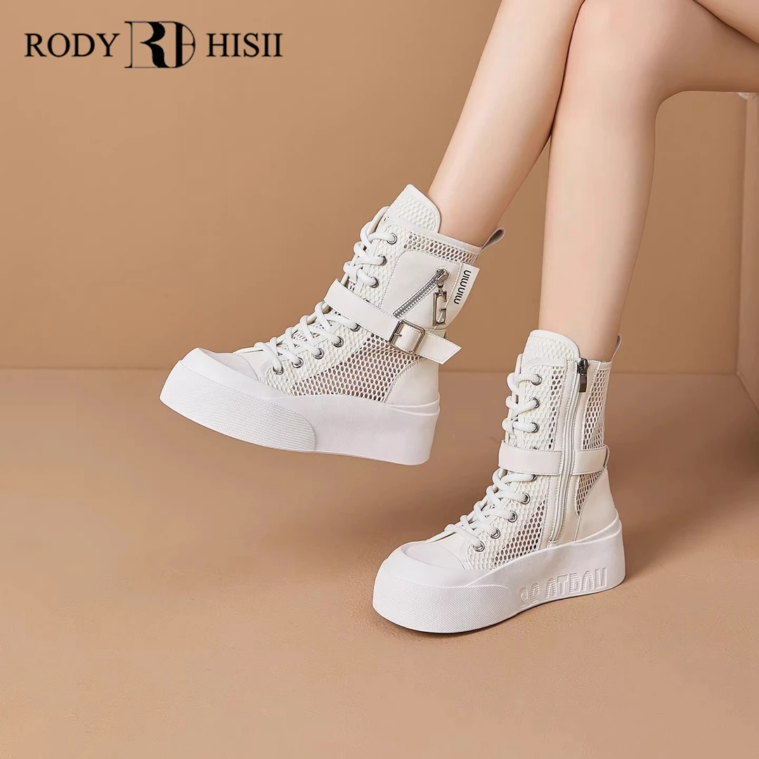 RODYHISII/洛狄希斯厚底马丁靴女2025夏季网面透气凉靴高帮网鞋