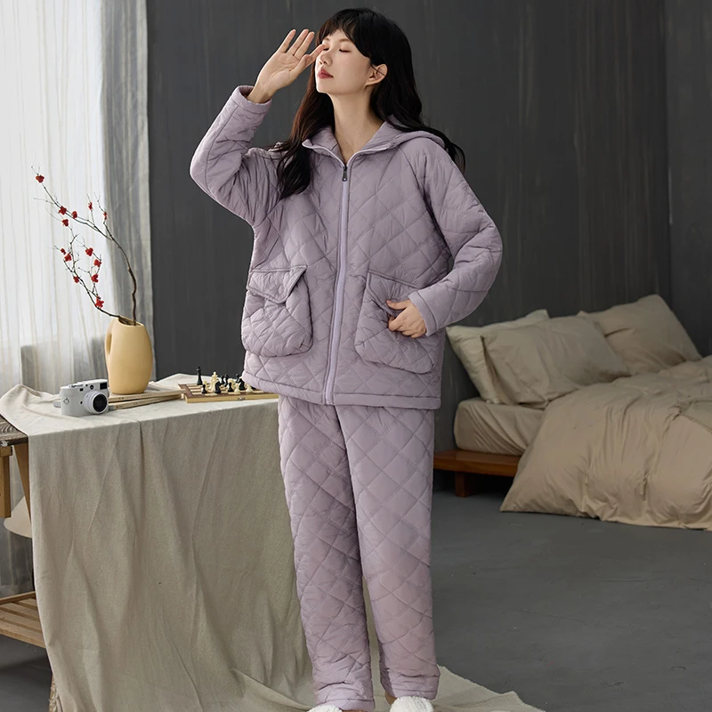 【防风防水】三层夹棉睡衣女冬季加绒加厚保暖家居服套装可外穿紫色