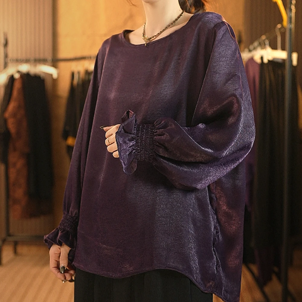 19紫色收缩袖口打底衫宽松百搭衬衫上衣K095