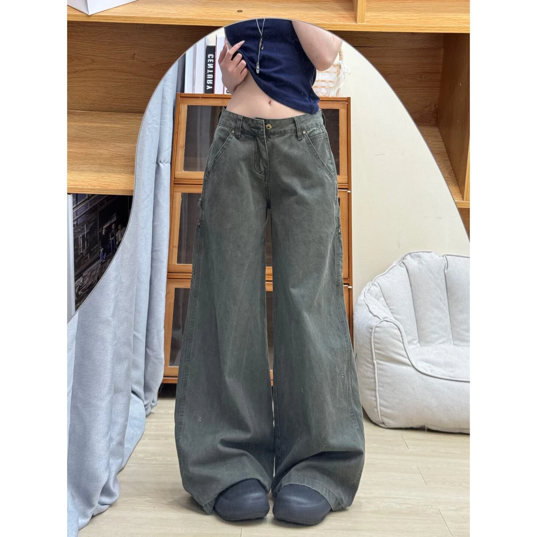 美式复古军绿色工装牛仔裤女夏季2025新款高腰宽松显瘦直筒阔腿裤