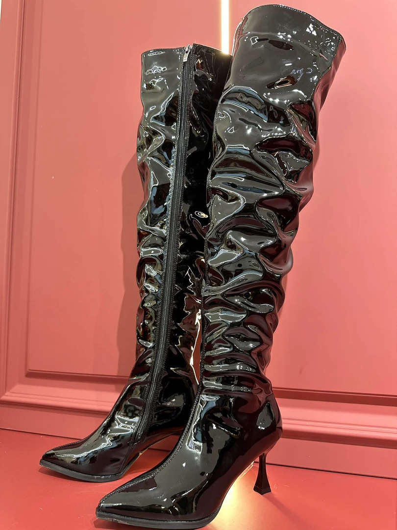 280漆皮过膝长靴 尖头细跟