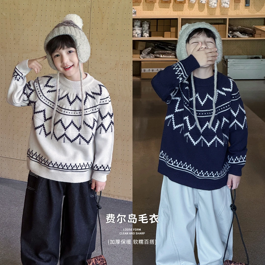 棉小班童装冬季费尔岛提花宝宝针织衫圆领加厚宽松毛衣AMY5028