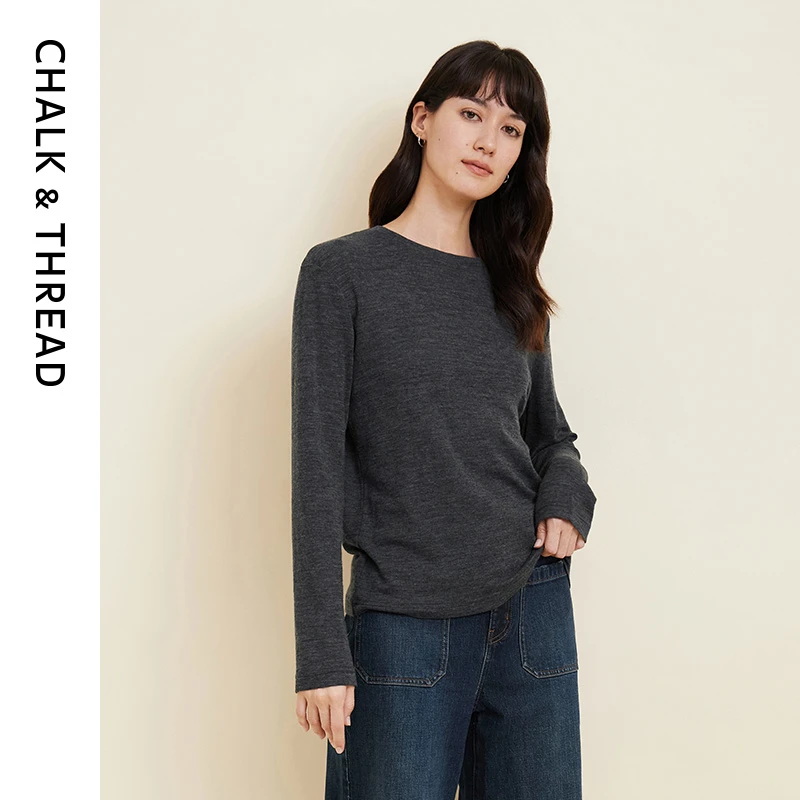 CHALK&THREAD柔软亲肤松感廓形圆领长袖防缩羊毛针织T恤