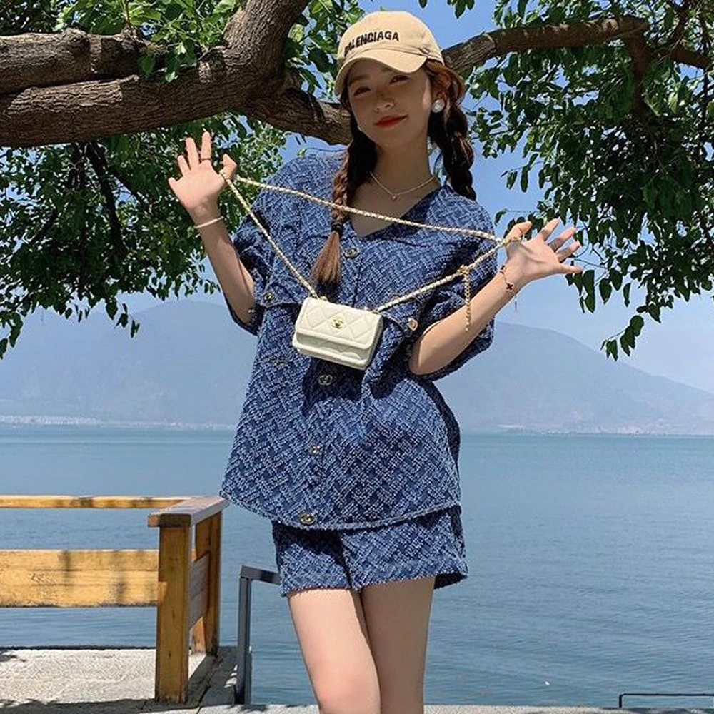 休闲时尚牛仔套装女夏季2025网红炸街小个子短袖上衣短裤两件套