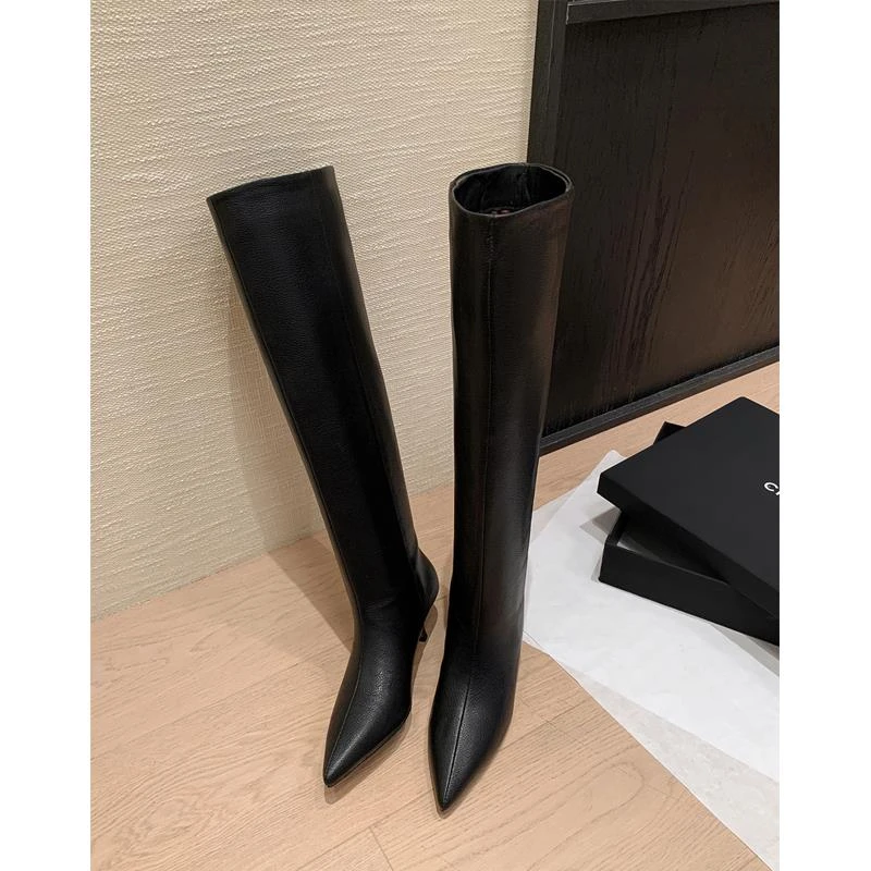 高筒靴小猫跟高跟不过膝长靴灰色高级感5cm直筒靴瘦瘦黑色及膝靴