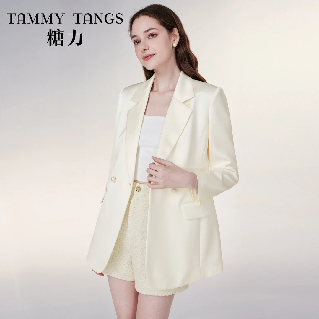 【诗语专属】糖力气质小西服女春秋中长款珍珠扣光泽缎面西装外套