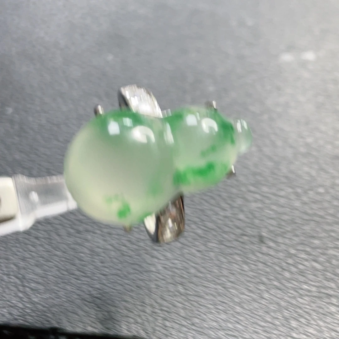 石英质玉（非洲翠）银S925镶嵌戒指大葫芦冰飘花全净开口戒带证书