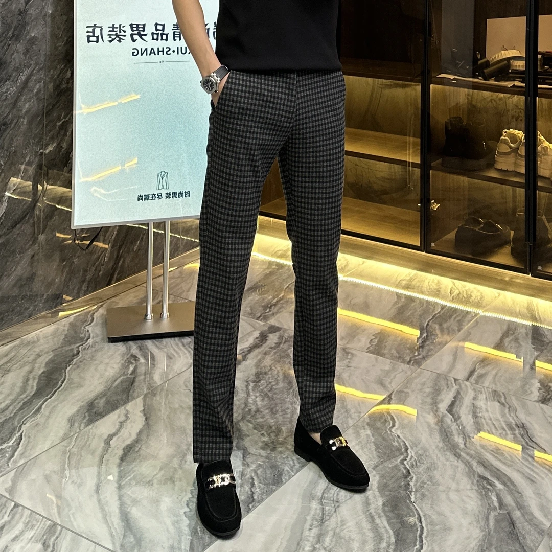 男士高定面料免烫修身直筒小脚裤千鸟格厚款格子裤简欧风格子2535