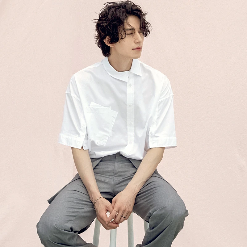 夏季设计师款潮牌不对称领短袖衬衫男士cheanfit双口袋不撞款衬衣
