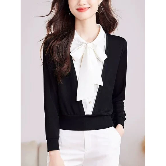 法式时尚飘带假两件长袖衬衫女士秋季新款设计感别致洋气针织上衣