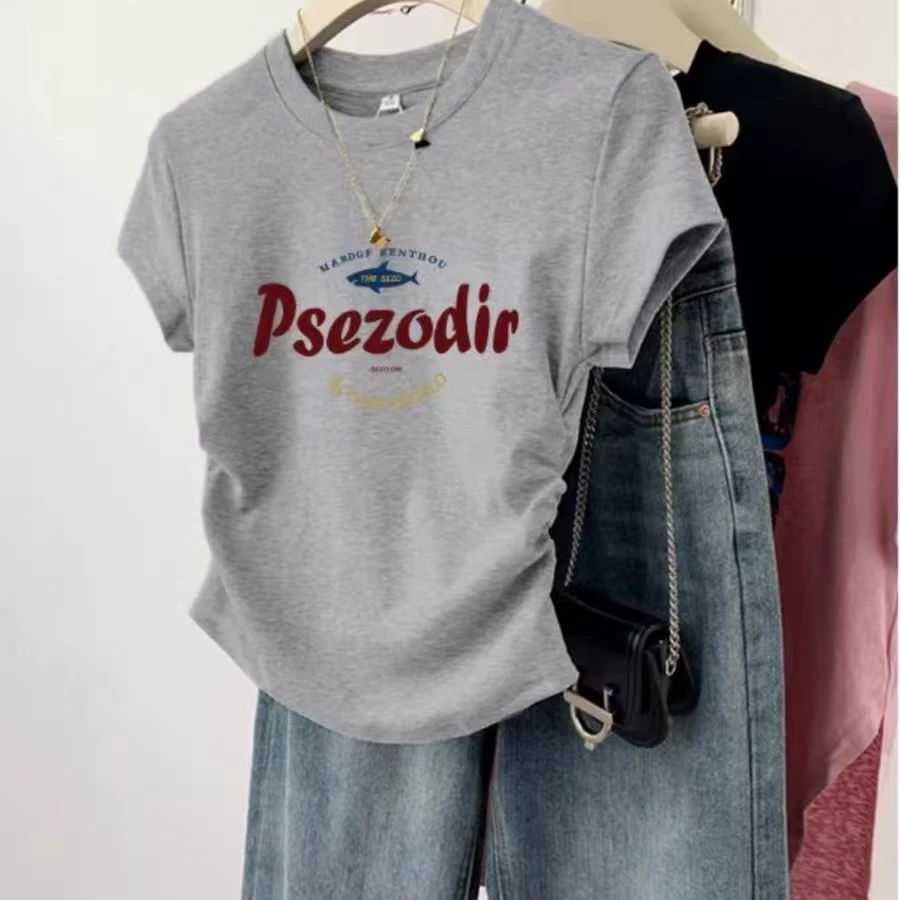 【新新专属】正肩短袖T恤休闲抽要短款女上衣夏季爆款百搭褶皱印花