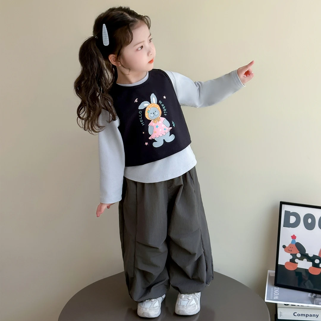 女童早秋学院风套装2025儿童休闲工装裤宝宝打底衫时髦马甲三件套