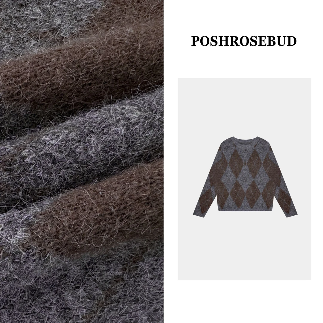 POSHROSEBUD设计师秋季绵羊毛马海毛撞色菱格慵懒针织衫-89669