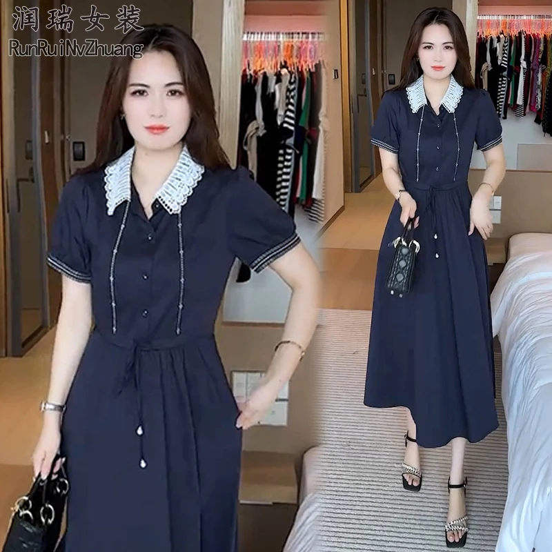 夏季薄款撞色设计短袖连衣裙2025新款收腰显瘦时尚中长款裙子通勤