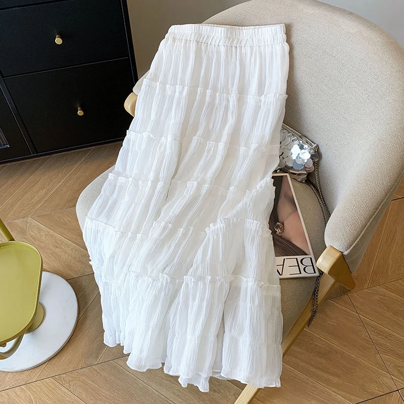 法式层层木耳边拼接半身裙高腰a字伞裙大摆长款蛋糕裙显瘦气质