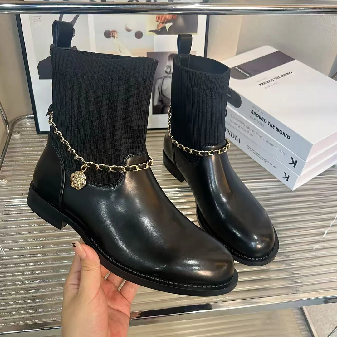 〔LULU〕2025秋冬新款英伦胎牛皮圆头袜靴低跟短靴筒靴女RX522