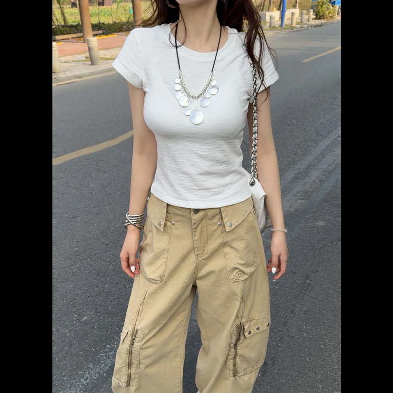 33292高品质褶皱肌理感正肩短款短袖T恤2025春夏新款百搭休闲上衣