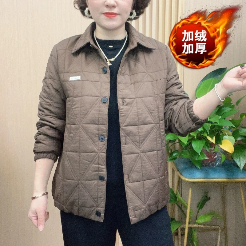 冬季新款提花格款翻领外套加厚棉服时尚衬衫领女显瘦棉衣气质外套