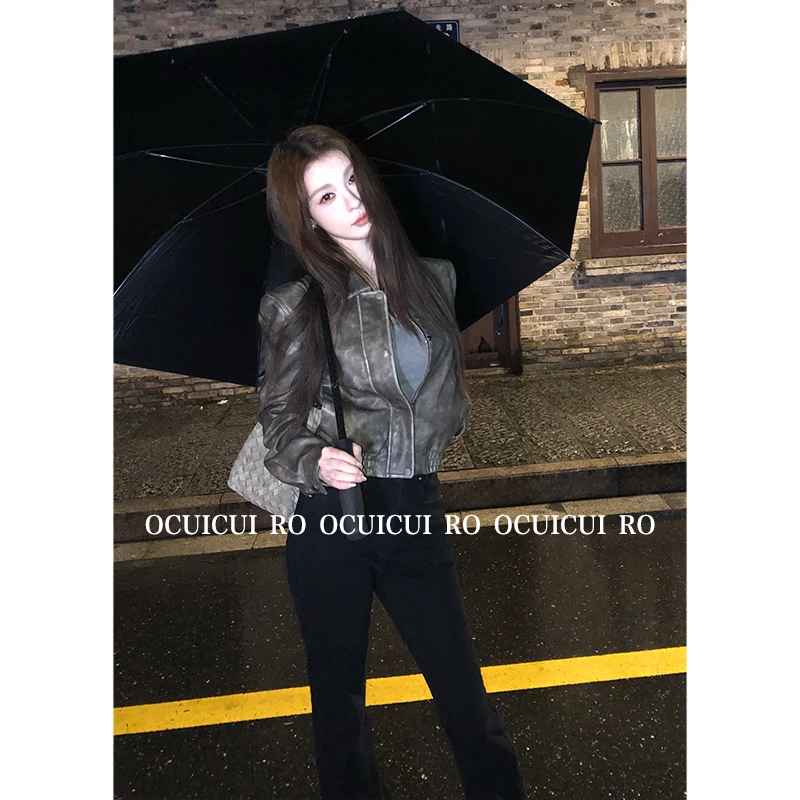 CUI CUI 崔崔【暮云和雨】显瘦款水洗翻领设计感皮衣欧美风薄款套装