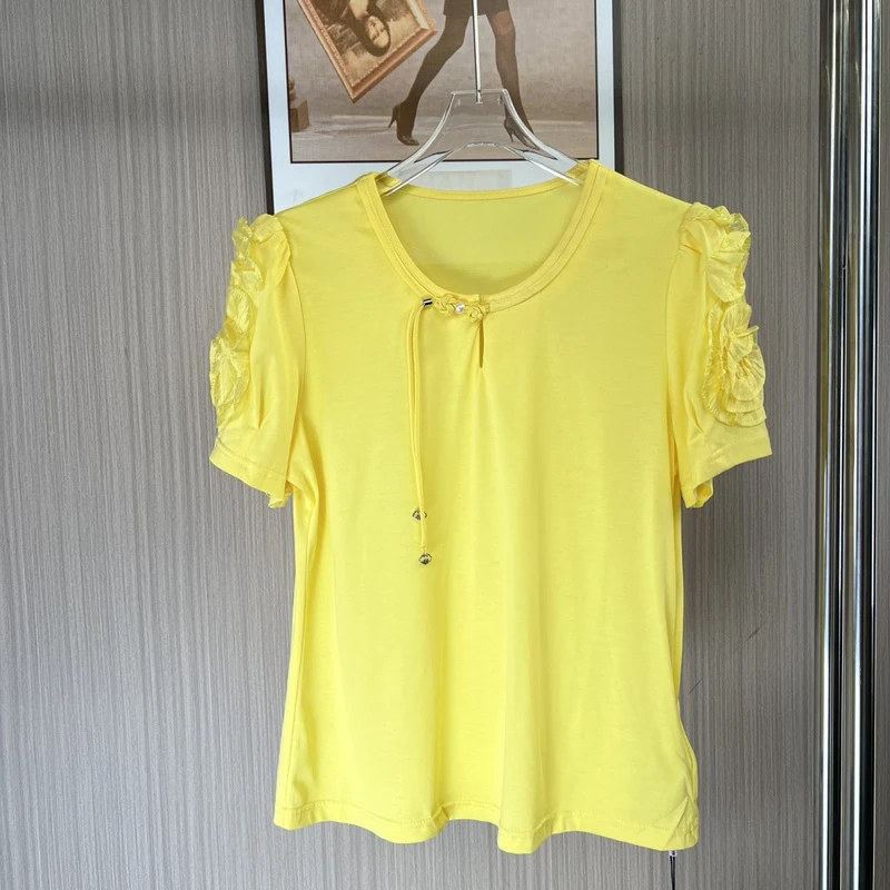 8087撤柜az女装短袖圆领衬衫耳边夏季新款系带显瘦上衣