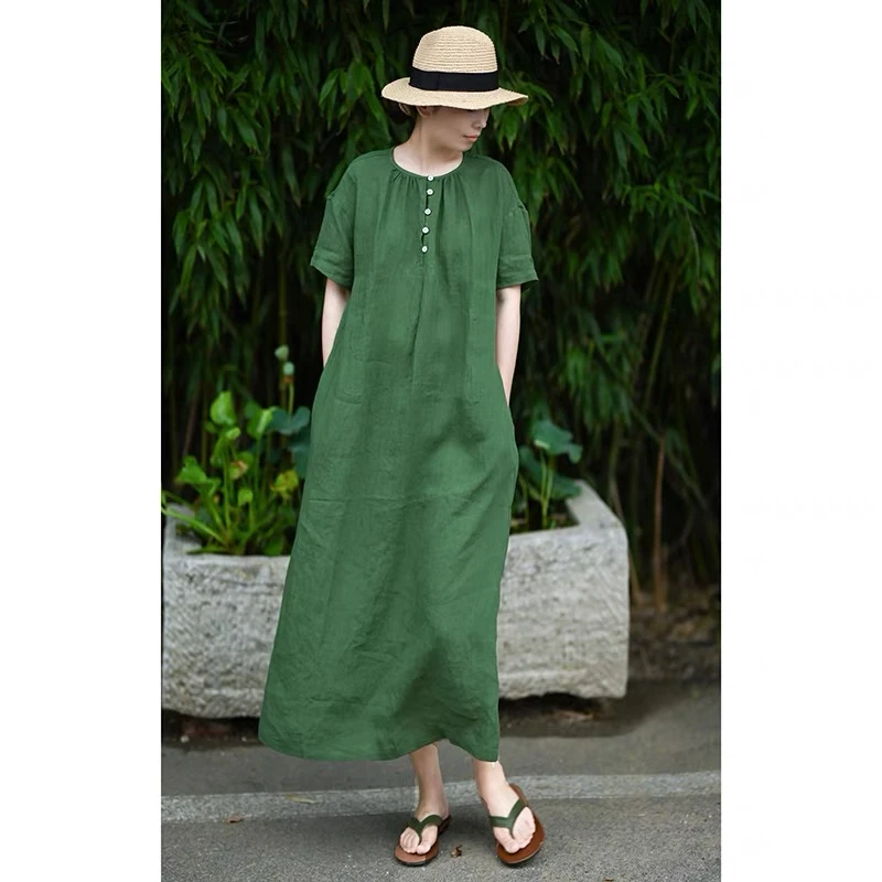 宽松洋气复古短袖棉麻连衣裙女夏胖MM中长款显瘦气质百搭长袍裙子