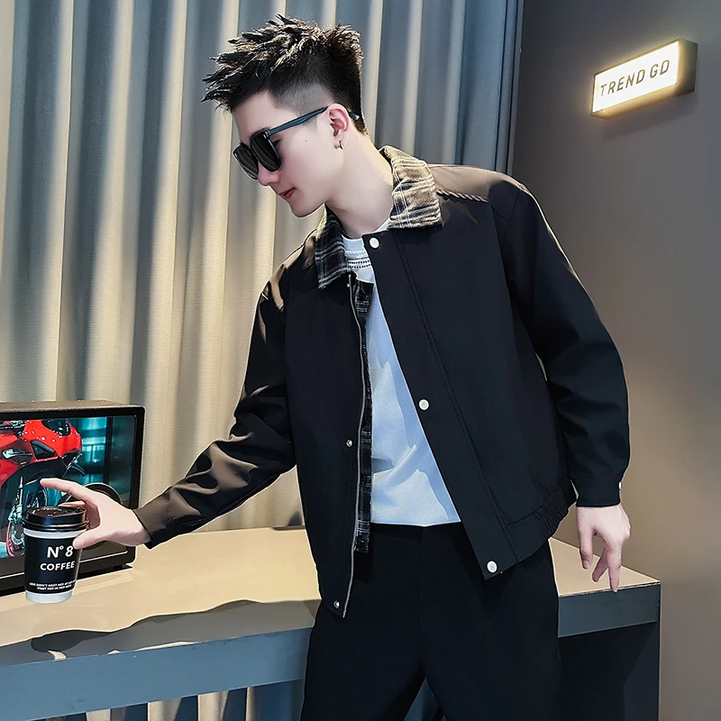 夹克男款春秋季2025新款爆款设计感格子拼接假两件翻领男士外套衫