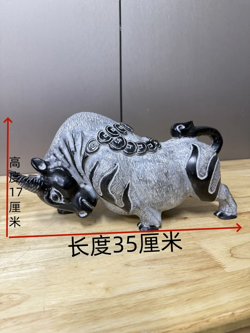 山西青石桌面摆件35厘米金钱牛