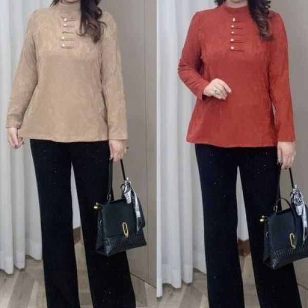 PWD32599 (现货仅上衣）秋冬中式立领盘扣衬衫气质提花宽松大码