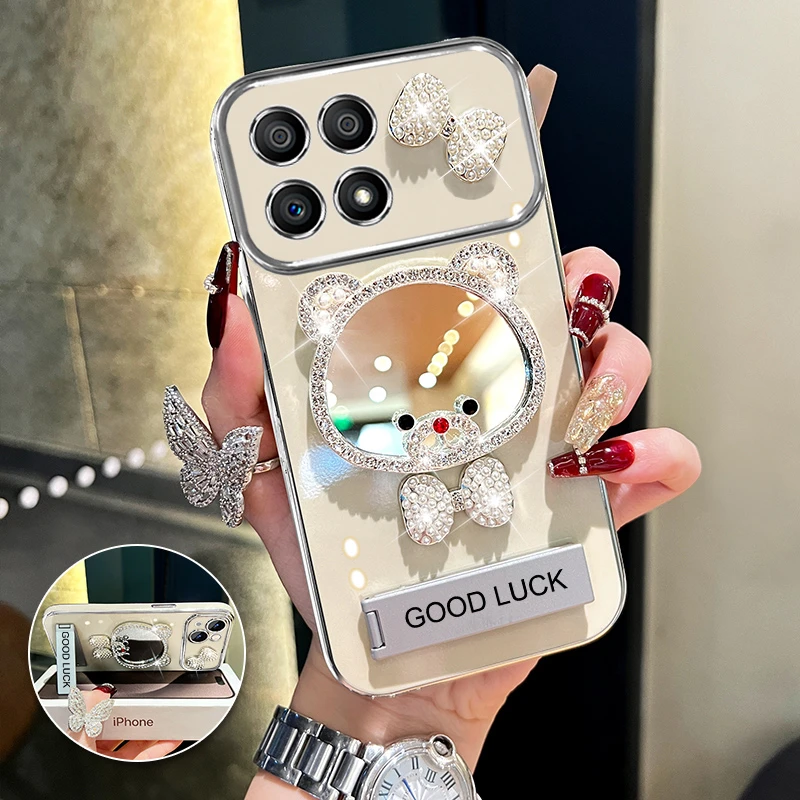 适用oppoA53 5G领结熊补妆镜大视窗手机壳创意电镀防摔网红女款