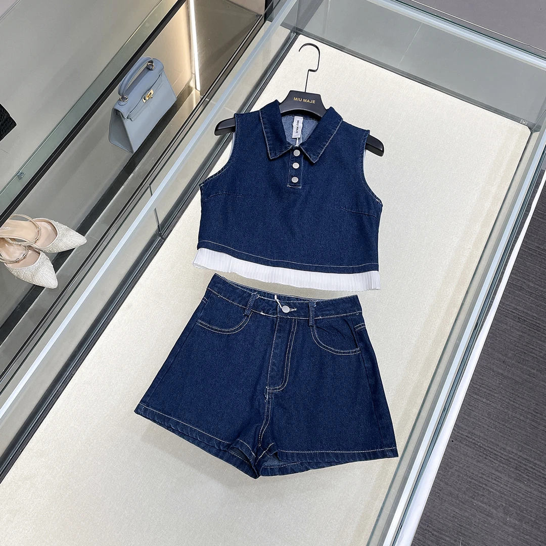 现货【牛仔拼接】拼接无袖上衣半身裙牛仔气质套装DY4245