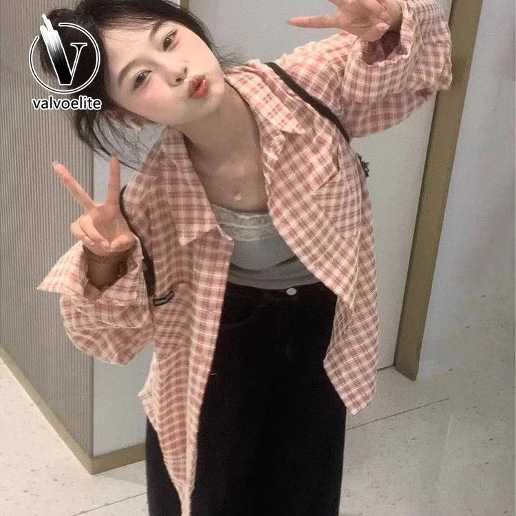 VALVOELITE粉色格子长袖衬衫外套女新款小秋冬女款粉色衬衫外套