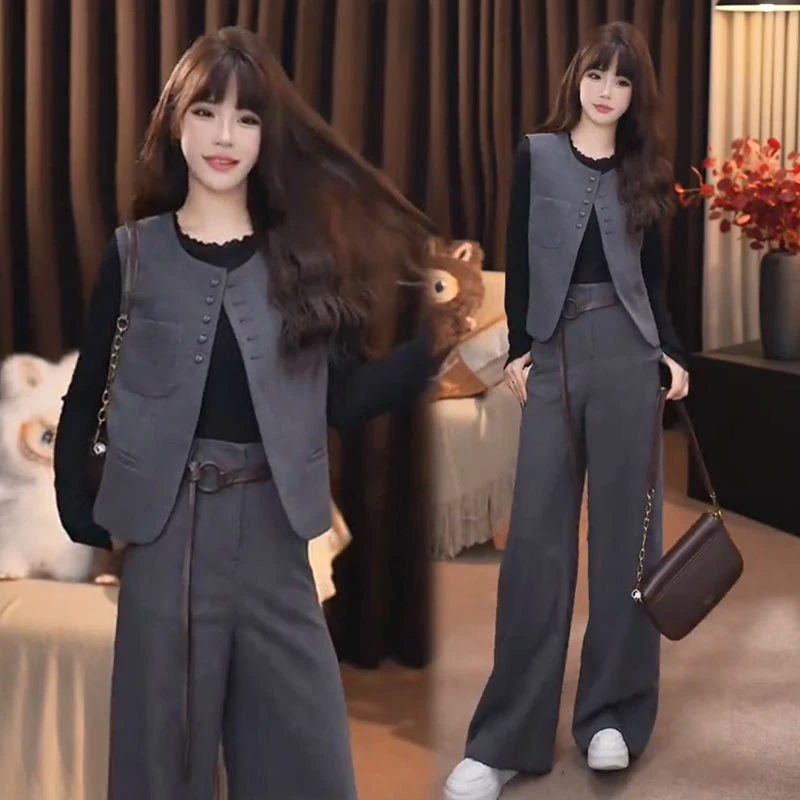 四件套秋冬新款时尚女半高领打底衫+马甲+阔腿裤+皮带套装