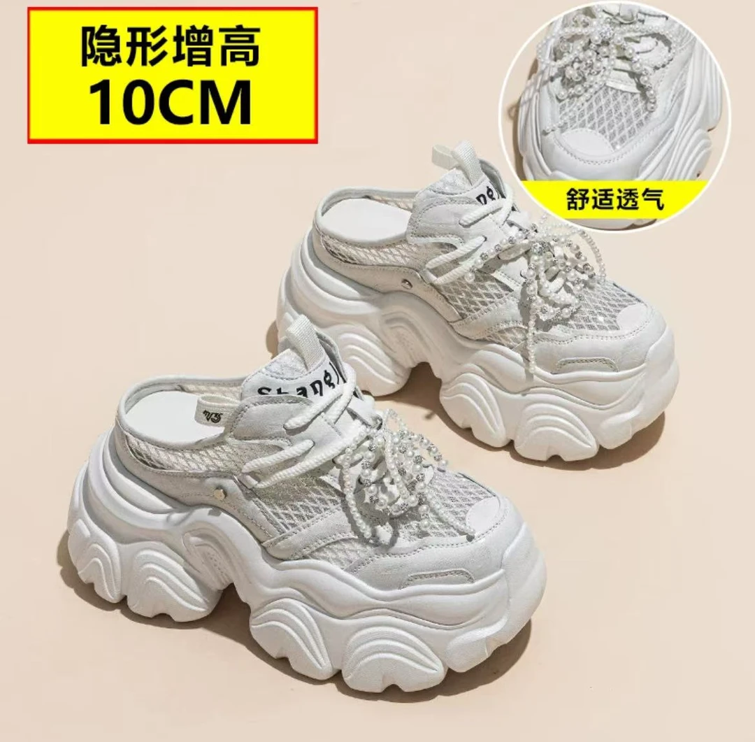 10cm包头半拖鞋女鞋2025新款爆夏季外穿网面透气厚底拖鞋569-23