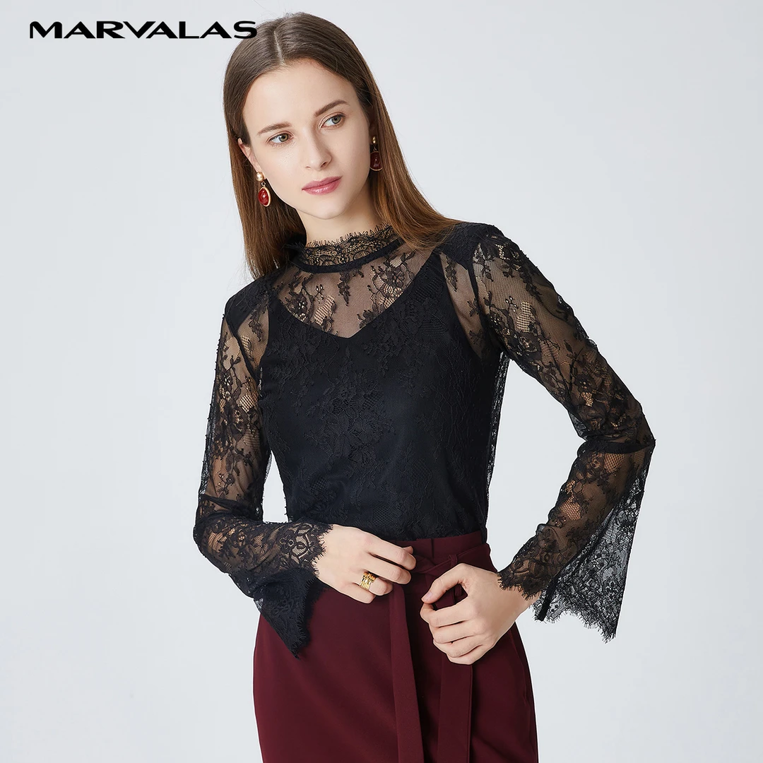 【籽言专属】曼德诗设计感衬衫女蕾丝镂空上衣叠穿黑色薄款衬衣