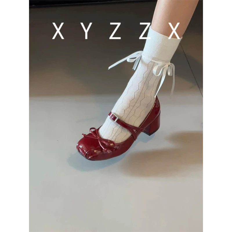 黑桃千金~红色粗跟玛丽珍单鞋女2025夏季新款仙女风一字带高跟鞋